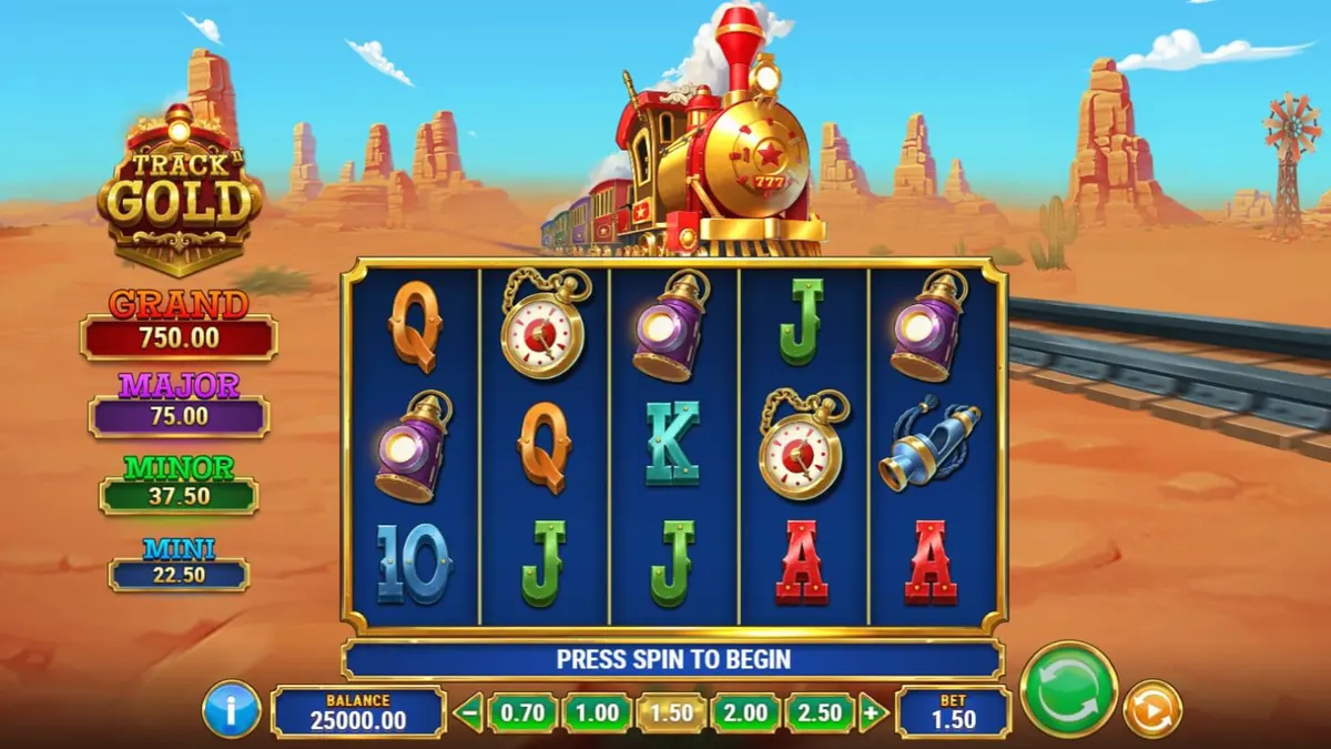 Interface do jogo de slot Track’n Gold com temática de trem do Velho Oeste