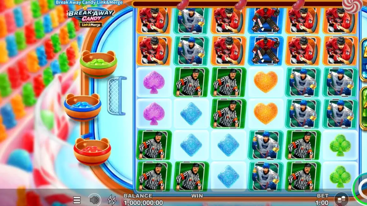 Interface colorida e temática do slot Break Away Candy Link&Merge com elementos de hóquei e doces
